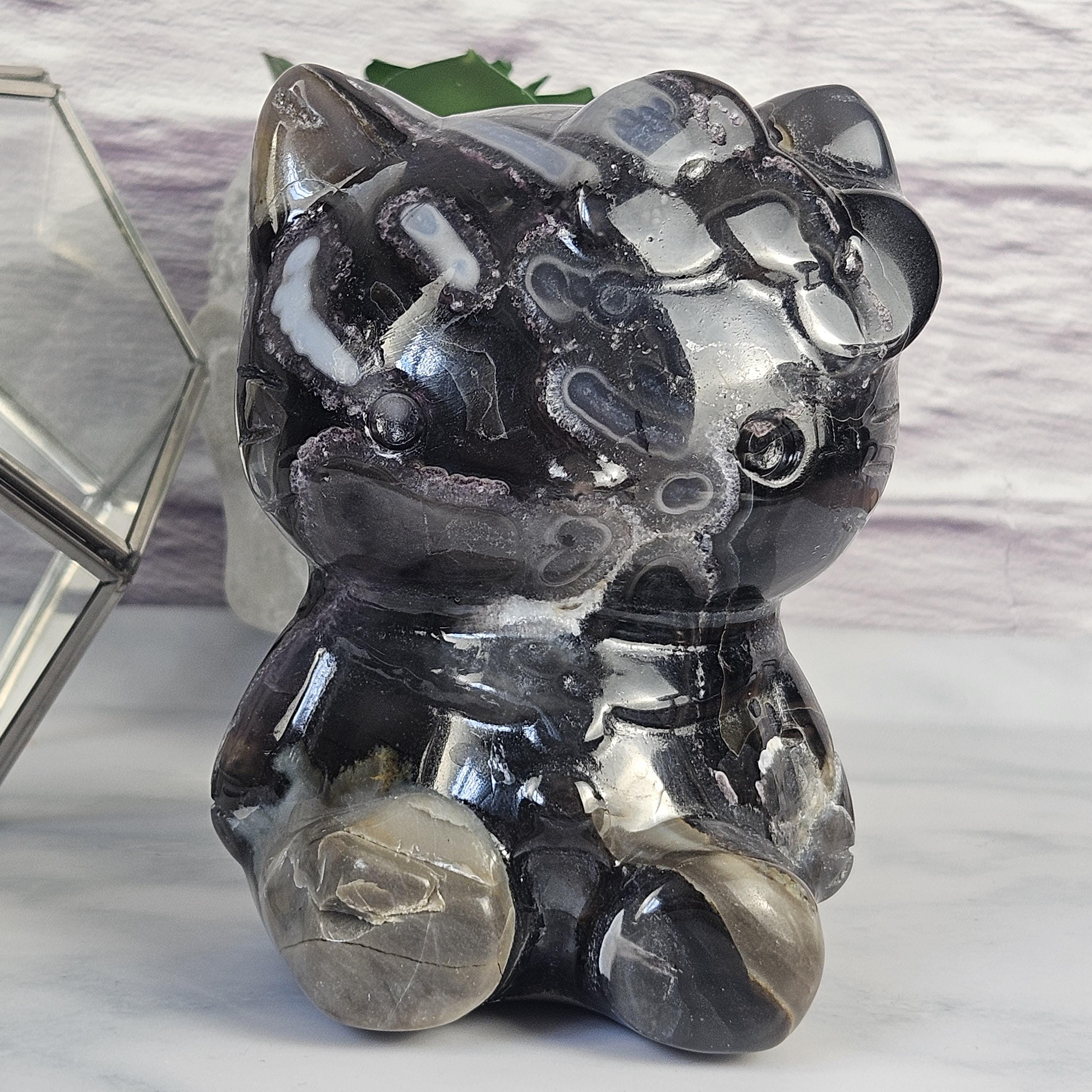 Volcano Agate Hello Kitty Crystal Carving | UV Reactive Crystals