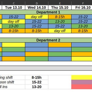 Può includere: Un foglio di calcolo digitale per i turni di lavoro organizzato per dipartimento, con celle codificate a colori per i turni 8-15h, 15-22, 13-20, giorno libero, ferie e malattia. La griglia mostra i nomi dei dipendenti e le date dal 12.10 al 18.10.
