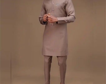 Handsewn Tan Color Two-Piece Muslim Men's Suit - Traditional Kandura/Thobe with Pants