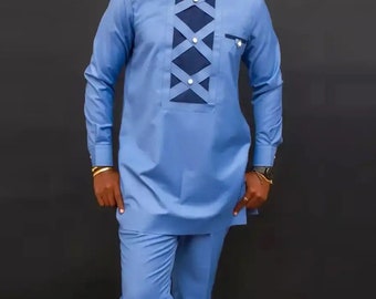 Costume pour homme musulman bleu clair deux pièces brodé à la main - Kandura traditionnel/thobe avec pantalon