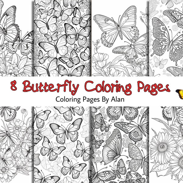 8 Digital Butterfly Coloring Pages,