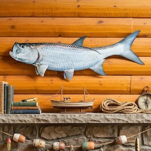 46" Flat Metal Tarpon Fish Wall Art, Coastal Nautical Angler Decor