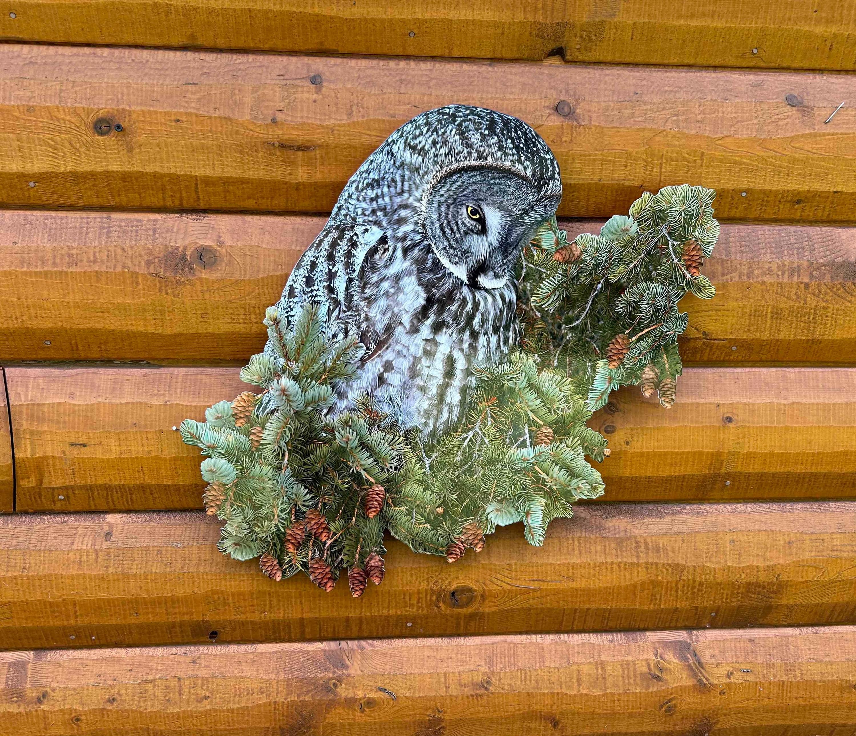 Great Gray Owl Wall Art – Life Size 22x24” Metal Owl on Pine Branch – Realistic Bird Decor for Cabin, Lodge, or Rustic Home
