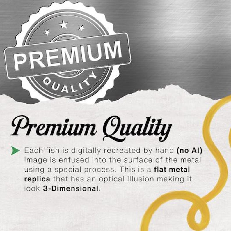 K&ouml;nnte beinhalten: Ein Metallschild mit einem silbernen runden Siegel und dem Text PREMIUM QUALITY. Darunter steht: Premium Quality. Jeder Fisch wird digital von Hand nachgebildet (keine KI). Das Bild ist in die Metalloberfl&auml;che eingearbeitet. Eine flache Metallreplik.