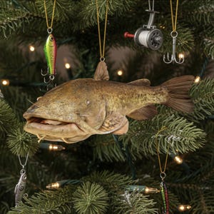 Puede incluir: Un &aacute;rbol de Navidad decorado con adornos tem&aacute;ticos de pesca. Los adornos incluyen un gran pez gato, se&ntilde;uelos de pesca, un carrete de pesca, un flotador y una peque&ntilde;a cesta. El &aacute;rbol est&aacute; iluminado con peque&ntilde;as luces blancas.