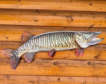 42 Inch Tiger Musky 2D Fish Mount Wall Replica - Flat Metal, Realistic  Musky Replica, Lodge Decor, Cabin Decor