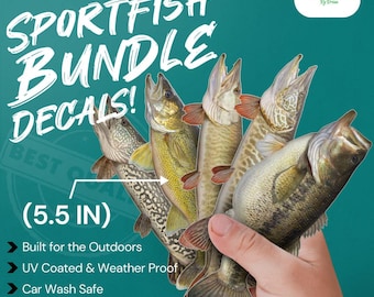 Sportvisstickerbundel bevat stickers Northern, Muskie, Tiger Musky, largemouth en snoekbaarzen
