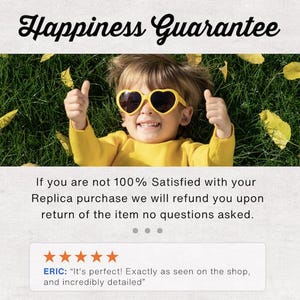 K&ouml;nnte beinhalten: Eine Grafik mit dem Text Happiness Guarantee, gefolgt von einem Kind mit gelber herzf&ouml;rmiger Sonnenbrille und gelbem Oberteil, das beide Daumen hochh&auml;lt. Darunter steht ein Text zur R&uuml;ckerstattungsrichtlinie und eine F&uuml;nf-Sterne-Bewertung von Eric.