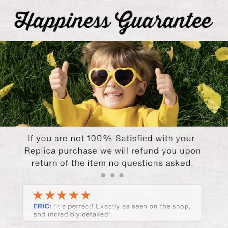 K&ouml;nnte beinhalten: Eine Grafik mit dem Text Happiness Guarantee, gefolgt von einem Kind mit gelber herzf&ouml;rmiger Sonnenbrille und gelbem Oberteil, das beide Daumen hochh&auml;lt. Darunter steht ein Text zur R&uuml;ckerstattungsrichtlinie und eine F&uuml;nf-Sterne-Bewertung von Eric.