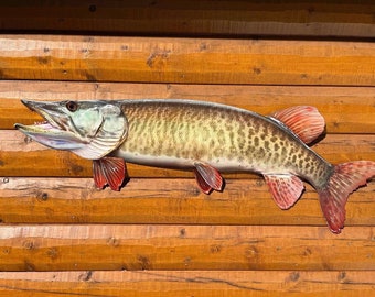 Musky Mount, 52 Inches, Flat Metal, Musky Replica Fish Art, Cabin, Lodge & Lake Home Decor