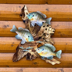Bluegill Replica Driftwood Scene Rustic Home Decor, 2D Flat Metal, Lake Home Decor, Lodge Decor, Cabin Art