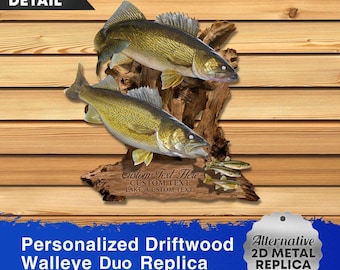 Personalized Walleye Replica Duo Wall Art - Realistic 2D Metal Walleye Personalized Gift For Him