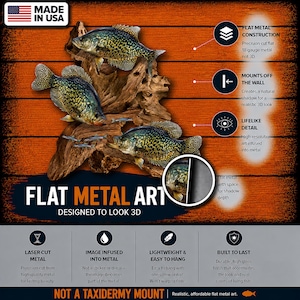 May include: A flat metal artwork depicting three crappie fish with detailed scales and fins, mounted on a wooden base. The piece is designed to appear 3D and is made in the USA. The text "Flat Metal Art" and "Designed to Look 3D" are visible.