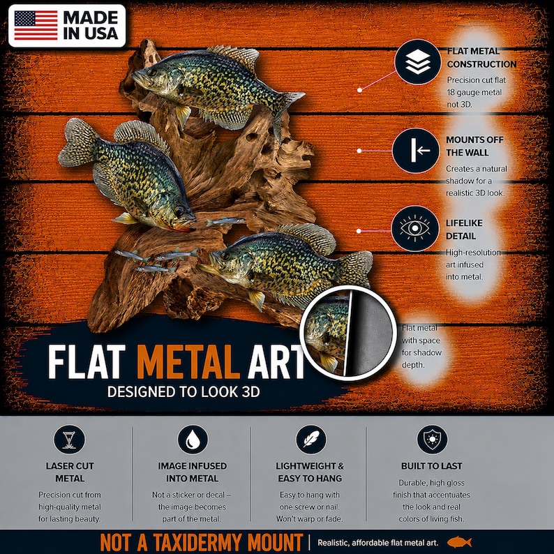 May include: A flat metal artwork depicting three crappie fish with detailed scales and fins, mounted on a wooden base. The piece is designed to appear 3D and is made in the USA. The text "Flat Metal Art" and "Designed to Look 3D" are visible.