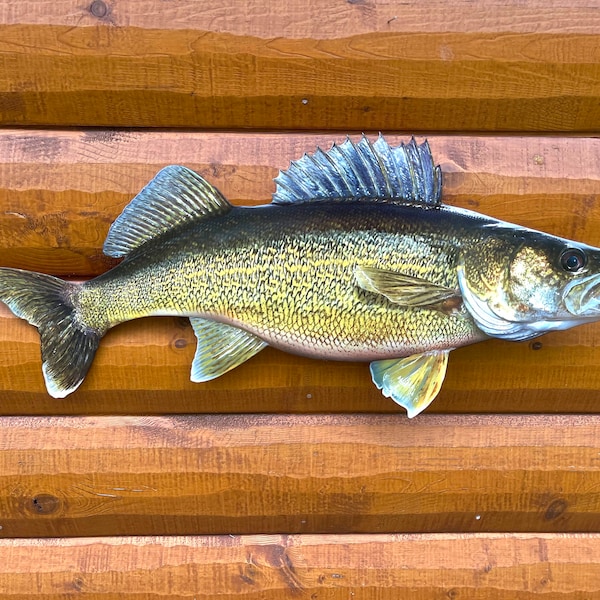 Walleye Replica - 30 Inch 2D Metal Walleye Fish Art Replica, Faux Taxidermy, Fish Lodge Decor