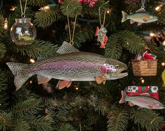 Adorno realista de trucha arcoíris plana / Regalo de Navidad para pescadores / Decoración navideña para aficionados a la pesca en agua dulce