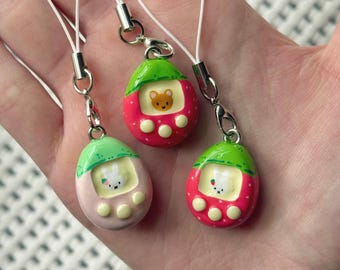 Y2K Tamagotchi Miffy Phone Charm – Mini Strawberry Polymer Clay Charm