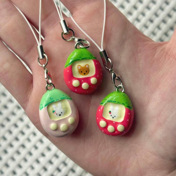 Y2K Tamagotchi Miffy Phone Charm – Mini Strawberry Polymer Clay Charm