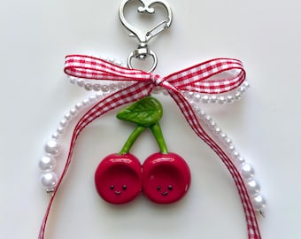 Fruit Worry Stone Bow Keychain | Strawberry, Blueberry, Cherry Ribbon Fidget Charm