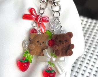 Strawberry Teddy Bear Keychain | Y2K Flocked Bear Bag Charm