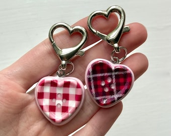 Handmade Heart Button Worry Stone Keychain, Fidget Pocket Stone, Plaid Autumn Gift