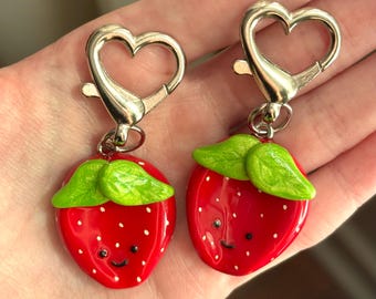 Strawberry Worry Stone Heart Clasp Bag Charm | Fruit Fidget Keychain