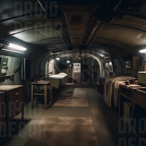 May include: A dimly lit, narrow, and long room with a metal ceiling and walls. The room is furnished with two beds, a table, and a cabinet. The room is lit by two fluorescent lights.