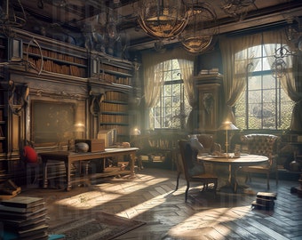 Enchanting Library Virtual Background | Whimsical Antique Library | PNG| Zoom Background | Desktop Wallpaper