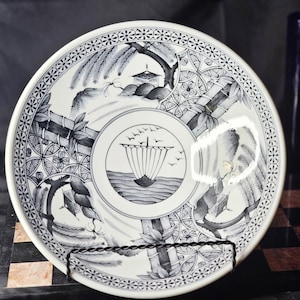 Vintage Porcelain Asian Noodle Bowl Rice Bowl Soup Bowl Bamboo Sailboat Scenic Designs In White Black And Grey Color Tones
