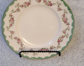 Vintage John Maddock & Sons England Royal Vitreous Green and Gold rim Floral Design Plate