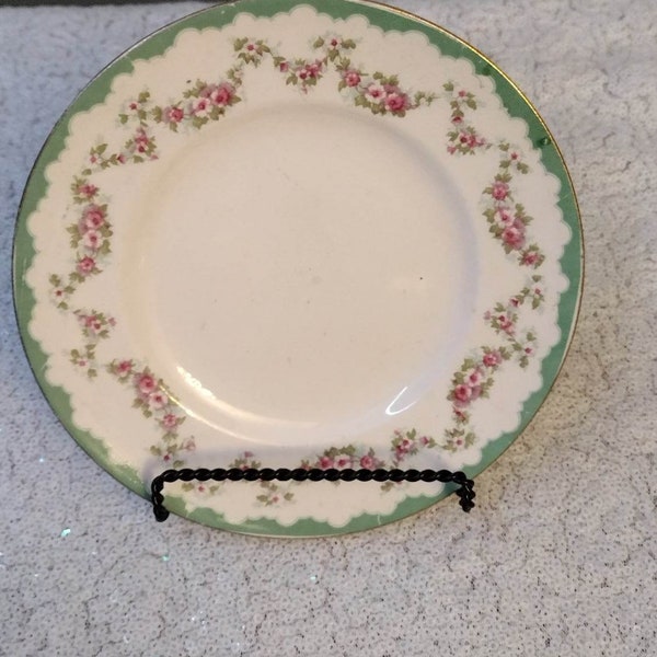 Vintage John Maddock & Sons England Royal Vitreous Green and Gold rim Floral Design Plate