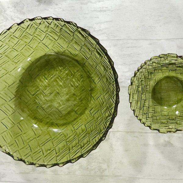 Vintage Indiana Glass Company Chip And Dip Bowls, Weavetex Green (Avocado) By Indiana Glass Co. Basket-weave Design Mid 20th Century