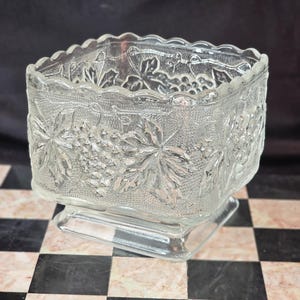 Vintage Glass Pedestal Base Planter Clear Grape And Leaves Pattern With Embossed Grapes And Leaves By Anchor Hocking Glass Company