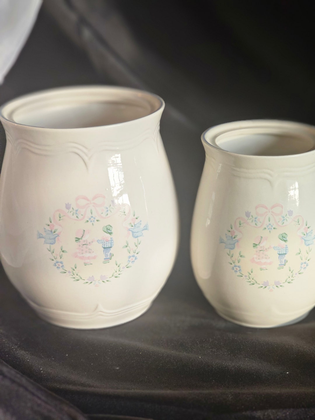 Vintage Set of 2 Tienshan Stoneware Made in China Cottage Boy and Girl