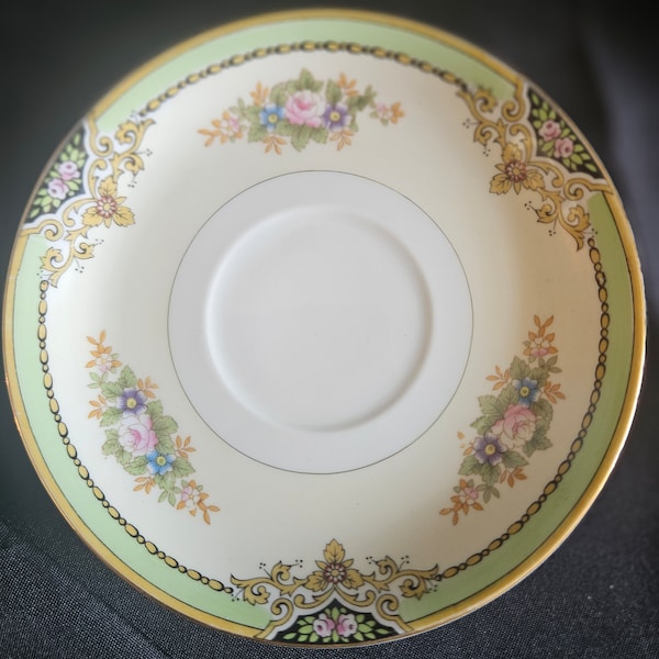 Vintage Tea Saucers Meito China Saucer Made in Japan Hand Painted Black And Gold Trim With Green Rim Pink Purple And Blue Flowers Floral