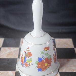 Vintage Porcelain Bell With Blue And Green Birds & Red Flowers With Gold Trim Made In Taiwan Scalloped Bottom Oriental Design