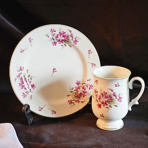 Vintage Sheffield Fine China Set In The Sweet Violets Design Handled Mug Footed With Gold Trim And 8 Inch Plate