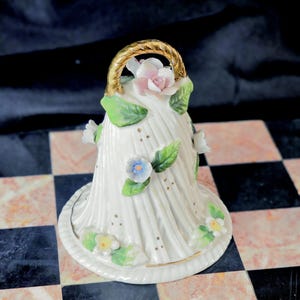 Vintage Ornate Porcelain Bell With 3 Dimensional Flowers And Gold Gilt Trim Multi Color Flowers With Leaves
