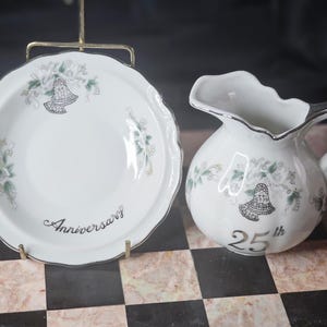 Vintage Silver Anniversary Bowl And Pitcher Porcelain 25th Anniversary By Lefton China Hand Painted Silver Design