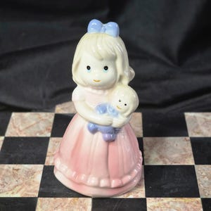 Vintage Ceramic Girl Bell With Pink Dress Holding A Baby Doll Glazed High Gloss Finish Cute Decor