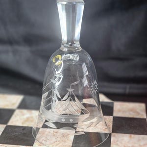 Vintage Etched Glass Crystal Hand Bell With Etched Nautical Scene Etched Sailing Ship
