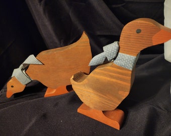 Vintage Handmade Wooden Ducks Brown With Blue Bows Around Necks Stained Wood