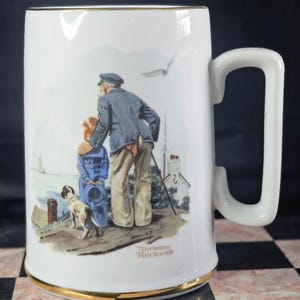 Vintage Norman Rockwell Made In Korea 1985 Kaffeetasse mit Blick auf das Meer mit Goldrand-schwerer Tasse mit Schriftzug