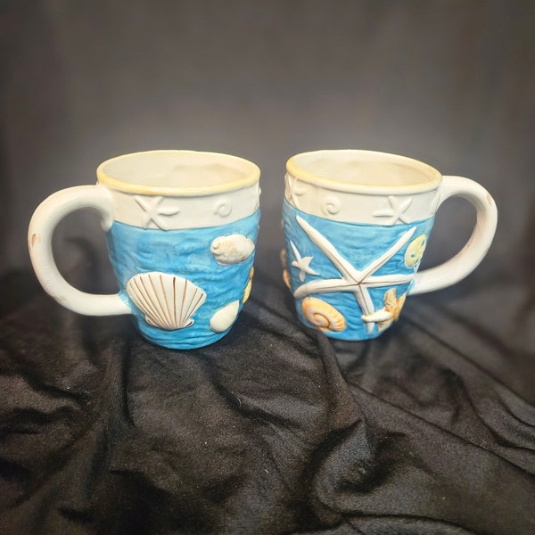 Set Of 2 Vintage Ceramic Coffee Mugs Seashells And Open Waves By LTD Commodities Embossed Sea Shells