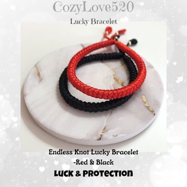 Tibetan Buddha Knot Red & Black Protection Bracelets /Adjustable/14K Gold Plated Beads/Phoenix Tail Fortune Knot/2 Piece Lucky Bracelet Set