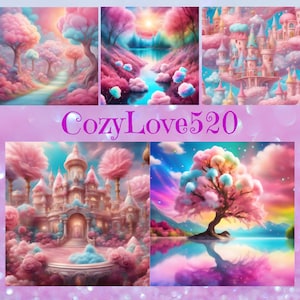 Cotton Candy Fantasy Dreamy AI Art, 5 Digital Images, Instant Download/PNG/4500x4500/300dpi/Fantasy Cotton Candy Land  Part#2