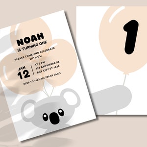 Koala Editable Invitation Template | Balloons | Digital Invite | Printable Party Invitation | Koala Themed Party | 1st Birthday | Canva