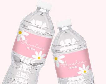 Daisy Editable Water Bottle Label Template | Instant Download | Pink Daisy Flower Themed Party | 1st Birthday | Any Age | Canva