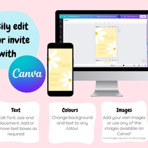 May include: A computer screen displaying a yellow and white daisy themed invitation design in Canva. The text on the screen reads "Easily edit your invite with Canva". The image shows how to edit text, colors, and images in the design.