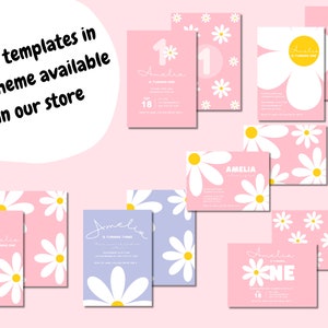 May include: A set of printable birthday party invitations featuring a daisy flower theme. The invitations are in pink, yellow, and white with the text "Amelia is turning one" and "Amelia is turning three".